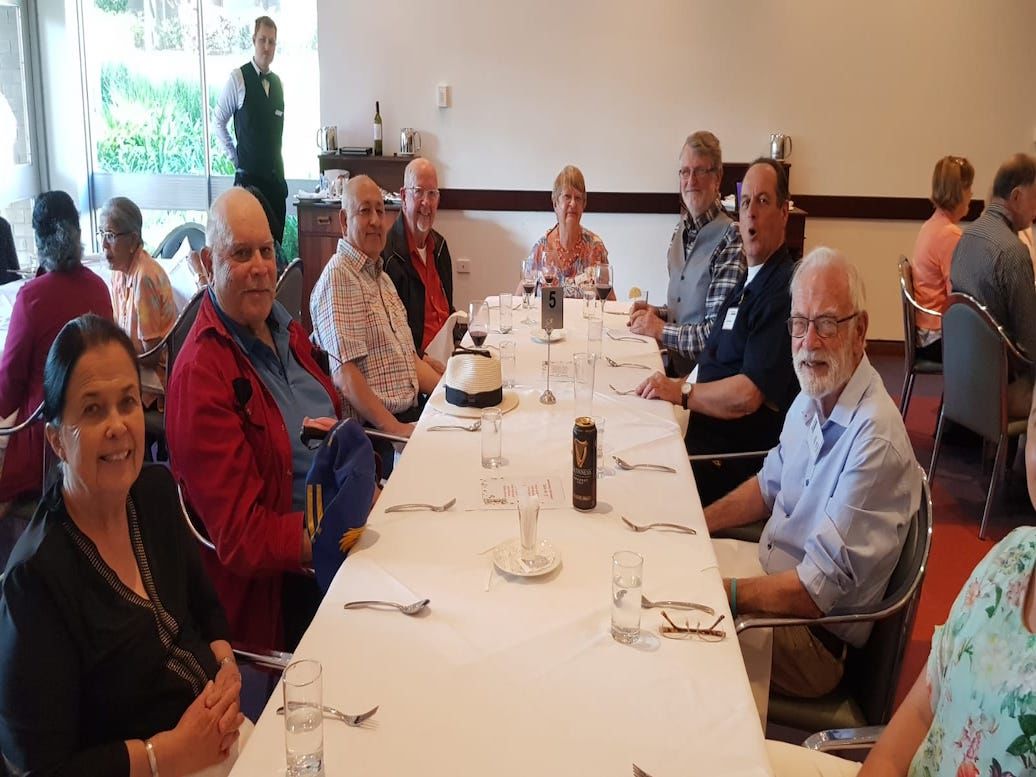 Members Quin Warrier, Serge Aumond, Secretary Brian Vertannes, President Terry Flanagan, and members Judy Bartlett, Terry Quinn, John Orzanski and Curtis Clark(past President) at the Bentley Pines Restaurant