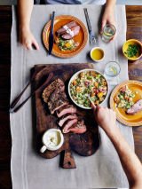 Grilled lamb with tahini sauce and pumpkin tabouli