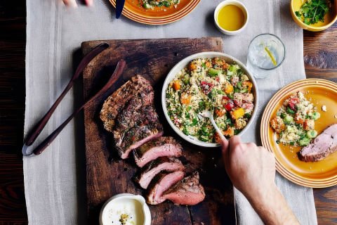 Grilled lamb with tahini sauce and pumpkin tabouli